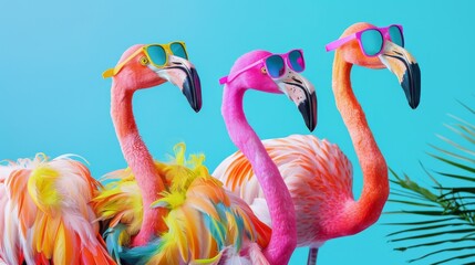 Happy Birthday, summer party, travel carnival festive celebration, funny animals card banner - Group collection set of  flamingos with sunglasses and palm tree leaves, isolated on blue background