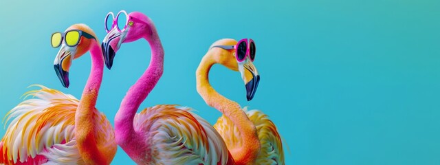 Happy Birthday, summer party, travel carnival festive celebration, funny animals card banner panorama - Group collection set of  colorful flamingos with sunglasses, isolated on blue background