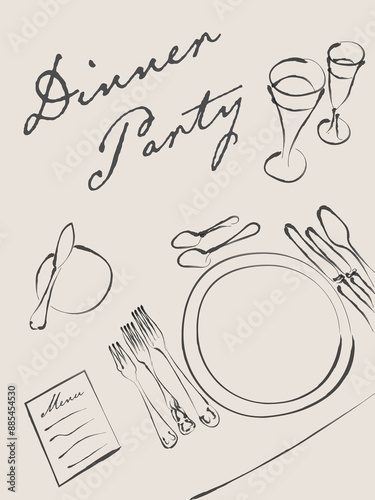 Konstfotografi Dinner party illustration, invitation, line art, poster, wall art