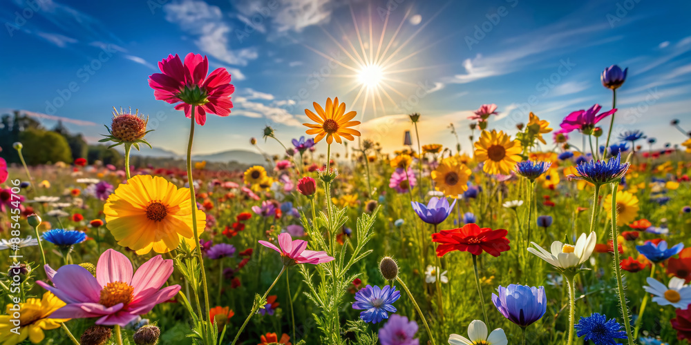 Vibrant wildflowers of various colors sway gently in the breeze, filling the sun-kissed field with an explosion of brightness and vitality. Vibrant wildflowers of various colors sway gently in the breeze, filling the sun-kissed field with an explosion of brightness and vitality.