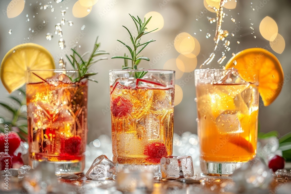 Cocktails with garnishes and ice cubes suspended mid-pour Cocktails with garnishes and ice cubes suspended mid-pour