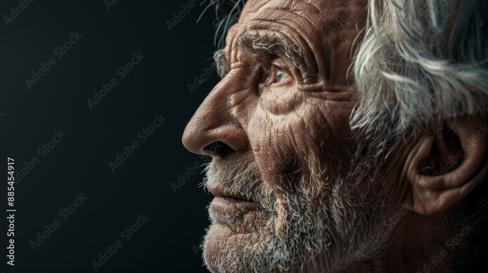 Profile of an elderly man with deep wrinkles and white hair, gazing contemplatively into the distance against a dark background, reflecting wisdom and life's journey. Profile of an elderly man with deep wrinkles and white hair, gazing contemplatively into the distance against a dark background, reflecting wisdom and life's journey.
