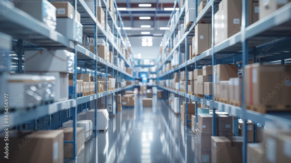 Obraz premium Bright and organized warehouse aisle with stacks of well-labeled boxes on industrial shelves, casting clear reflections on the polished floor.