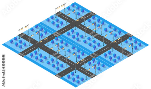 Isometric city map with many roads, trees and street lights