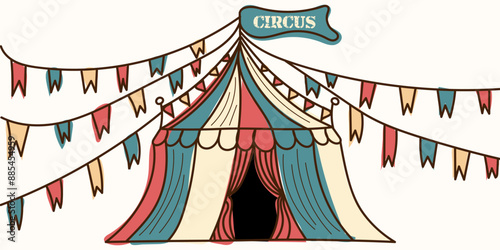 Colorful Doodle Circus tent with flags with inscription. Editable stroke. Vector hand drawn illustration in brown, red, blue, beige colors. Isolated on background. One from Circus carnival collection	
