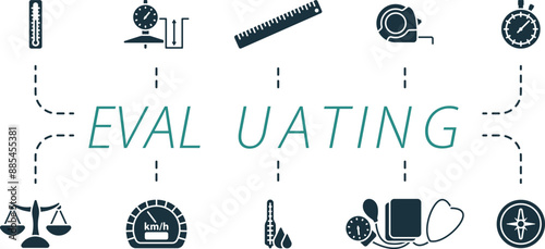 Evaluating icons set. Creative icons: thermometer, depth gauge, ruler, roulette, stopwatch, scales, speedometer, hygrometer, tonometer, compass.