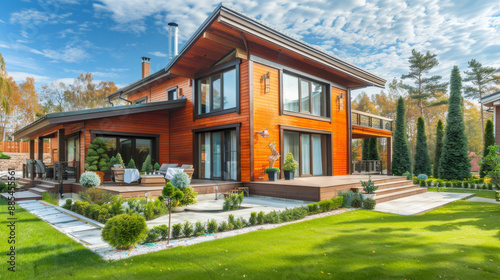 A beautiful contemporary wooden house with large windows and lush landscaping bathed in sunlight under a partly cloudy sky, exuding warmth and serenity.