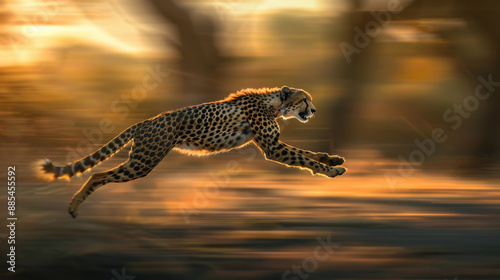 A cheetah in full sprint captured with motion blur, set against a warm, blurred forest background, showcasing speed and grace in the wild.