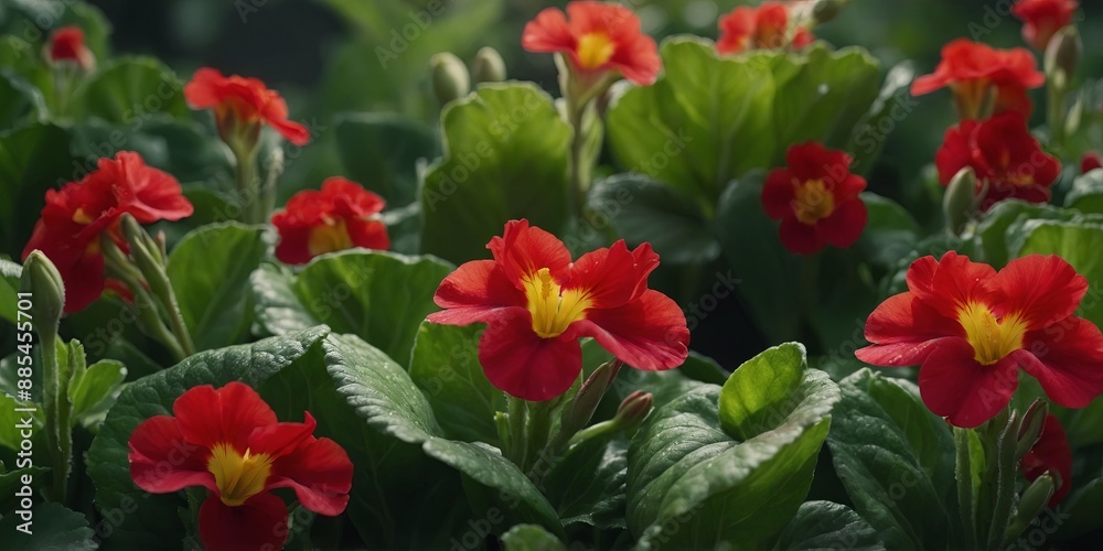 Background of a mix of delicate red primrose blossoms and fresh green leaves. Background of a mix of delicate red primrose blossoms and fresh green leaves.