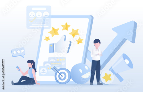 Customer satisfaction, feedback reviews, customer satisfaction with product or service. Positive and negative respond, rating star, loyalty, good experience. Flat design vector illustration.
