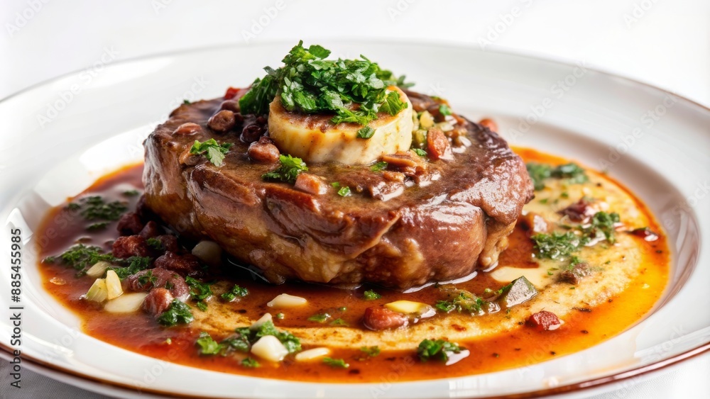 Tender osso buco served with a rich sauce, garnished with parsley, and accompanied by creamy polenta. Tender osso buco served with a rich sauce, garnished with parsley, and accompanied by creamy polenta.
