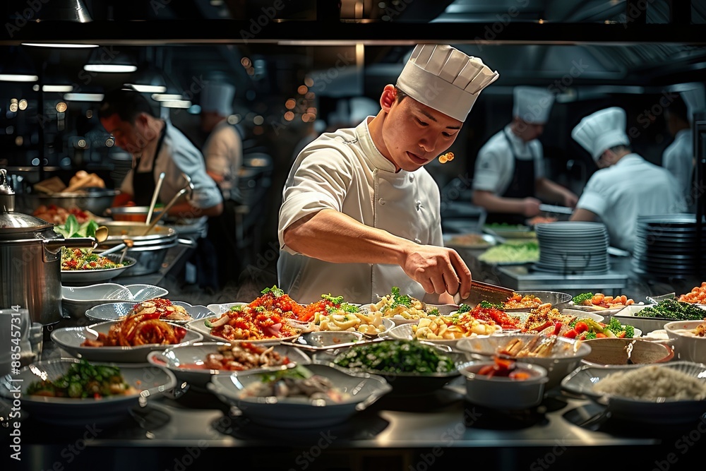 Chef in a bustling kitchen preparing multiple dishes Chef in a bustling kitchen preparing multiple dishes