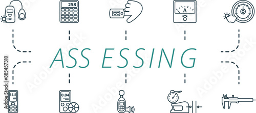 Assessing outline icons set. Creative icons: luxmeter, calculator, pulse oximeter, ammeter, barometer, rangefinder, radiation meter, sound level meter, thickness gauge, calliper.