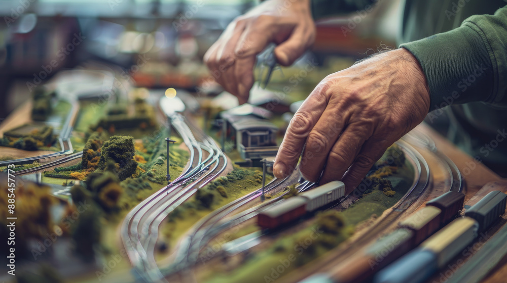 Hands meticulously adjusting a model train on a detailed miniature railway scene, reflecting precision, passion, and the joy of hobbies.