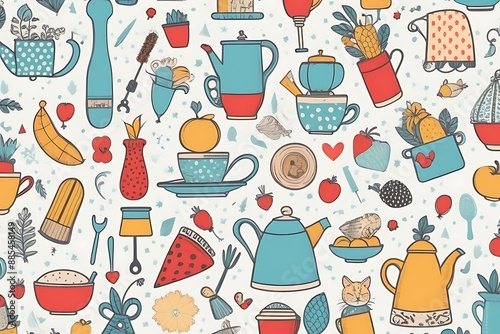 Quirky, mismatched patterns featuring everyday objects in a whimsical style photo