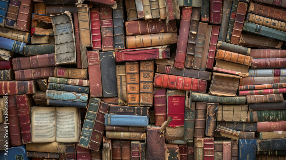 A jumble of antique books with a variety of worn covers and aged spines evoking a timeless sense of history and literary richness. A jumble of antique books with a variety of worn covers and aged spines evoking a timeless sense of history and literary richness.