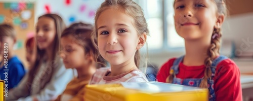 Group of cheerful schoolchildren smiling and sitting at desks in a bright, colorful classroom, ready to learn and enjoy their education.