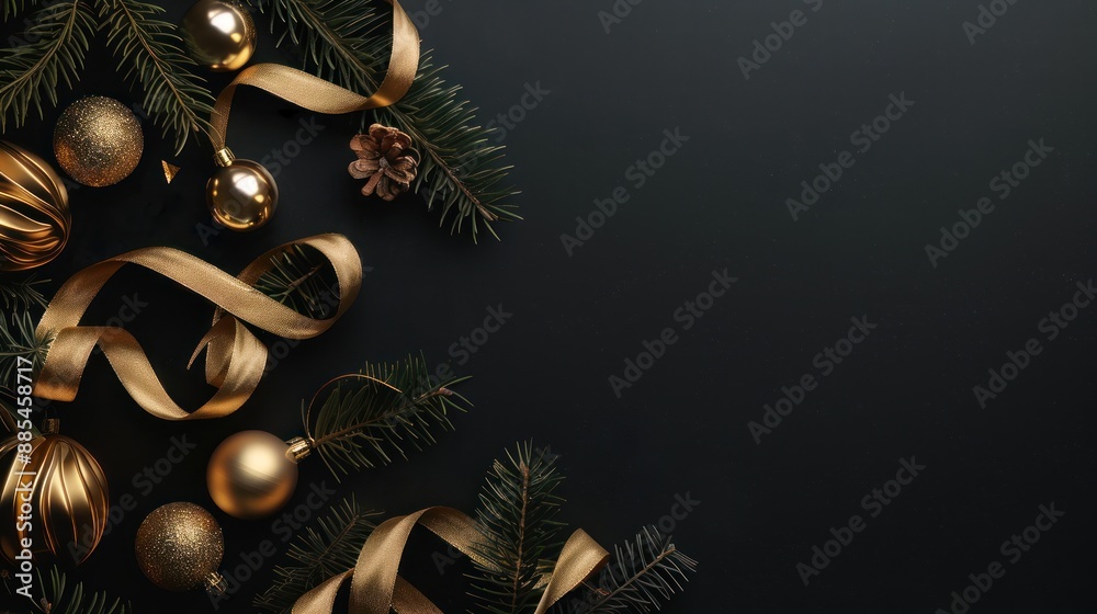 Naklejka premium Beautiful Christmas background with festive decorative items, golden balls, Christmas tree and confetti. Merry Christmas and Happy New Year.