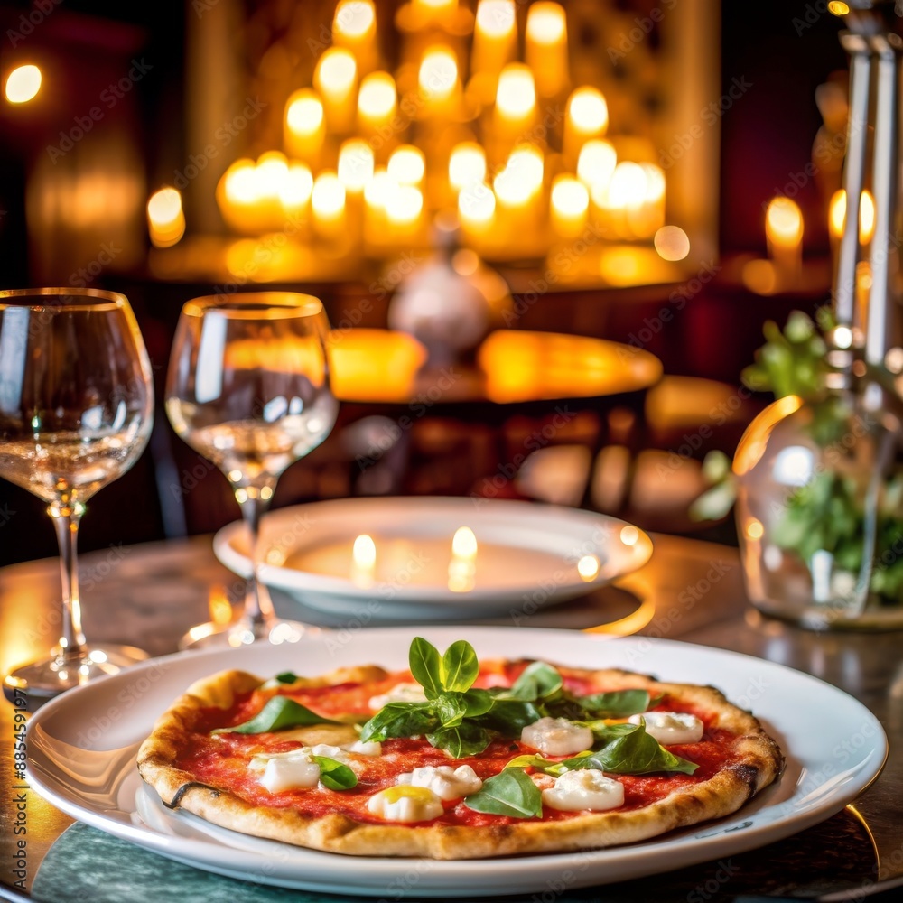 Classic Margherita pizza topped with fresh basil and mozzarella, served in a cozy, candle-lit restaurant. Classic Margherita pizza topped with fresh basil and mozzarella, served in a cozy, candle-lit restaurant.