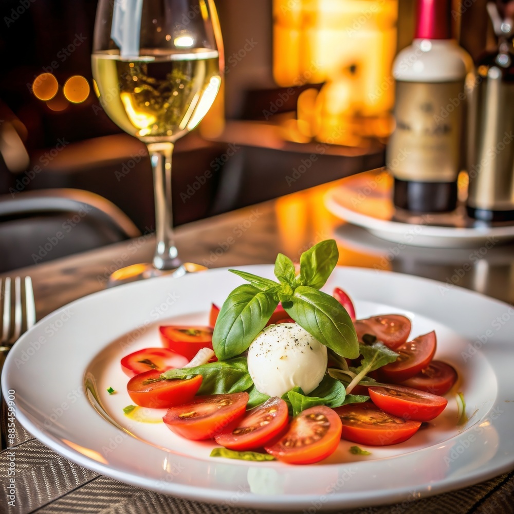 Caprese salad with tomatoes, mozzarella, and basil, served in a chic dining setting with wine and candlelight. Caprese salad with tomatoes, mozzarella, and basil, served in a chic dining setting with wine and candlelight.