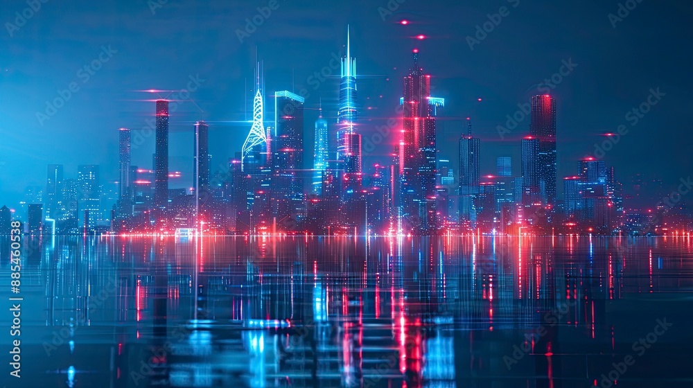 Fototapeta premium Futuristic cityscape illuminated by AI-controlled smart lighting systems, optimizing energy efficiency