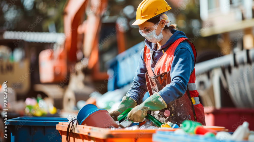 Obraz premium A dedicated worker wearing protective gear carefully sorts through a large container of recyclables, highlighting the importance of environmental conservation.