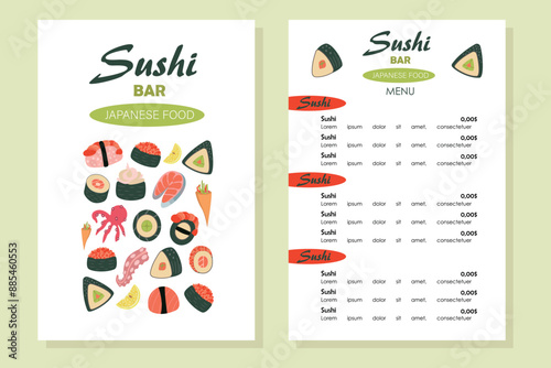 Sushi bar menu is Japanese in Japanese style. Template, vector illustration. Sushi bar, cafe, restaurant vector design. Isolated vector illustration of sushi roll with salmon, red caviar.