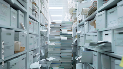 A chaotic scene of overloaded document stacks in a narrow office aisle, creating a maze-like effect, illuminated by fluorescent lights.