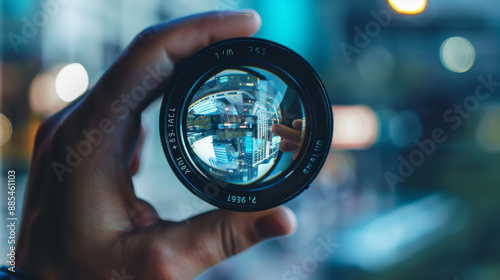 City lights and towering buildings are artfully captured through a camera lens, held by hand, blending the sharpness of urban life with creative perspective.