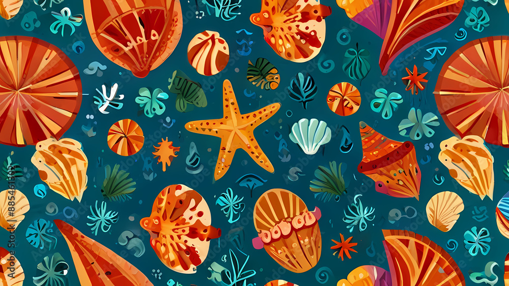 Summer pattern illustration that captures the essence of a sunny beach day. Include elements like seashells, starfish, beach umbrellas, flip-flops, and waves Summer pattern illustration that captures the essence of a sunny beach day. Include elements like seashells, starfish, beach umbrellas, flip-flops, and waves