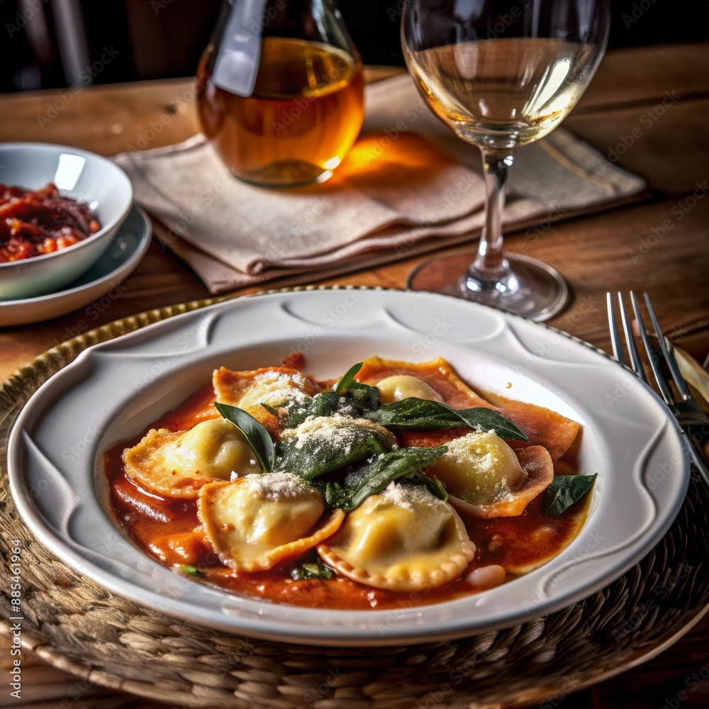 Elegant plate of ravioli in tomato sauce, garnished with fresh herbs, served with a glass of white wine. Elegant plate of ravioli in tomato sauce, garnished with fresh herbs, served with a glass of white wine.
