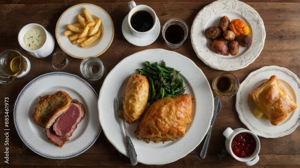 British meal with a large meat pie, chips, and green beans, served on a white plate with various sauces and drinks. British meal with a large meat pie, chips, and green beans, served on a white plate with various sauces and drinks.