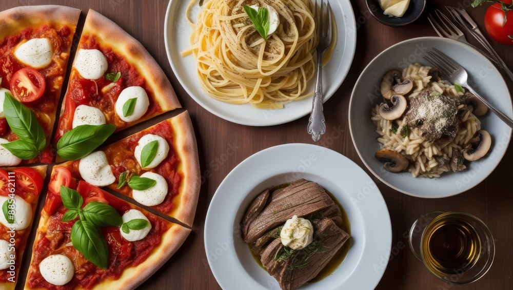 A selection of Italian dishes, including pizza, pasta, and risotto, served on white and grey plates on a wooden table. A selection of Italian dishes, including pizza, pasta, and risotto, served on white and grey plates on a wooden table.