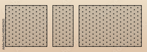 Laser cut panels set. Abstract geometric pattern with elegant floral lattice, mesh. Decorative template for laser cutting, CNC cut of wood, metal, paper. Islamic ornament. Aspect ratio 1:1, 1:2, 3:2