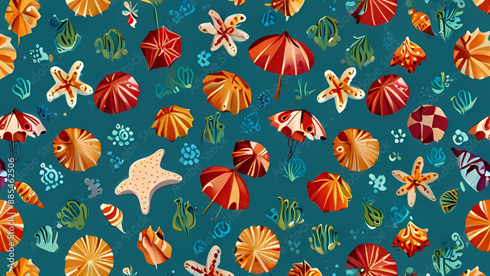 Summer pattern illustration that captures the essence of a sunny beach day. Include elements like seashells, starfish, beach umbrellas, flip-flops, and waves Summer pattern illustration that captures the essence of a sunny beach day. Include elements like seashells, starfish, beach umbrellas, flip-flops, and waves