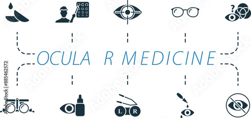 Ocular medicine icons set. Creative icons: contact lenses, ophthalmologist, laser vision correction, medical glasses, color blindness, trial frame, eye drops, contact lens case, artificial tears