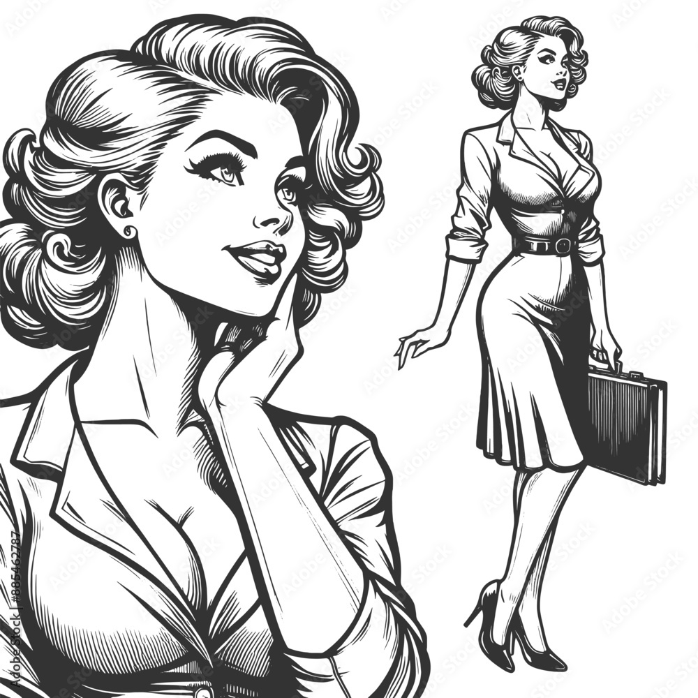 elegant pin-up businesswoman with a confident pose, briefcase stylish dress sketch engraving generative ai fictional character vector illustration. Scratch board imitation. Black and white image. elegant pin-up businesswoman with a confident pose, briefcase stylish dress sketch engraving generative ai fictional character vector illustration. Scratch board imitation. Black and white image.