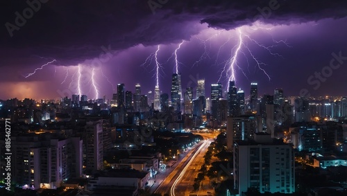 Purple-lit cityscape during an electrifying stor