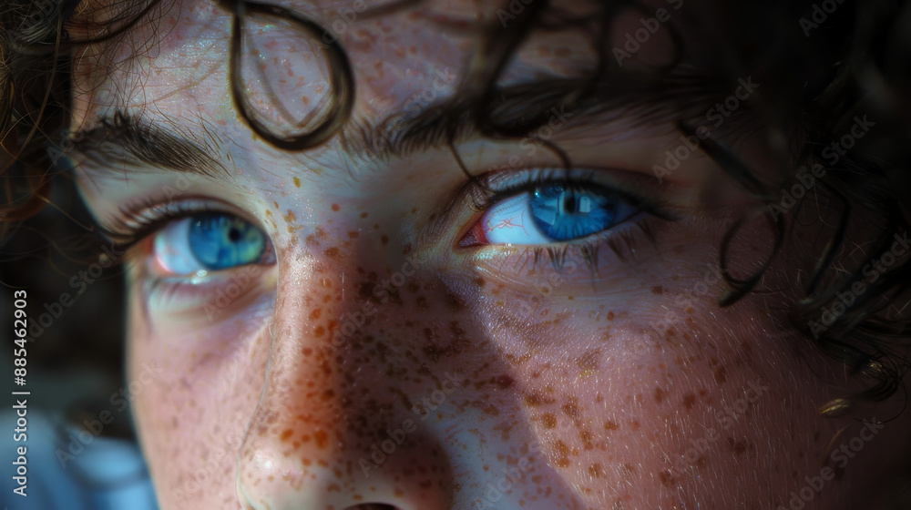 A close-up of a young person's freckled face highlights their vibrant blue eyes, conveying a sense of innocence and curiosity. A close-up of a young person's freckled face highlights their vibrant blue eyes, conveying a sense of innocence and curiosity.