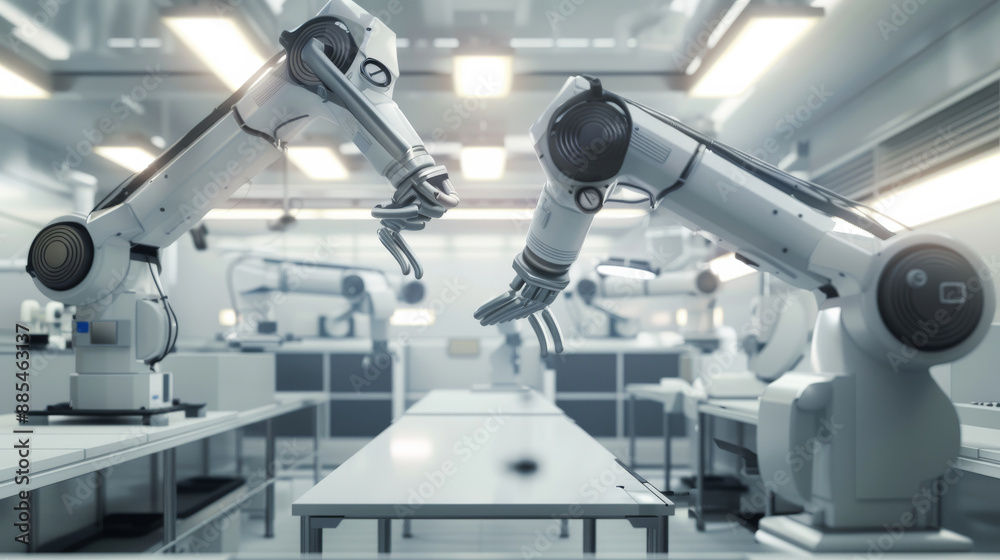 High-tech robotic arms maneuver delicately over a laboratory table, showcasing advancements in automated scientific research within a sterile, brightly-lit lab. High-tech robotic arms maneuver delicately over a laboratory table, showcasing advancements in automated scientific research within a sterile, brightly-lit lab.