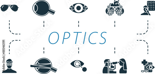 Optics set. Creative icons: glasses, eyeball, eye diseases, phoropter, eyesight check, vision correction, astigmatism, cataract surgery, vision diagnostics, ophthalmology.