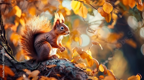 A Red Squirrel Perched on a Branch in Autumnal Woods