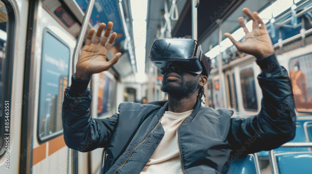 A person on a subway train engrossed in a virtual reality experience, hands raised, amidst the daily commute. A person on a subway train engrossed in a virtual reality experience, hands raised, amidst the daily commute.