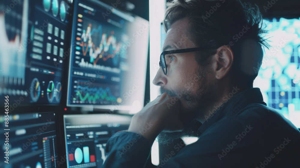 A pensive man studies multiple screens displaying intricate data and charts in a dimly lit, modern analytical workspace.