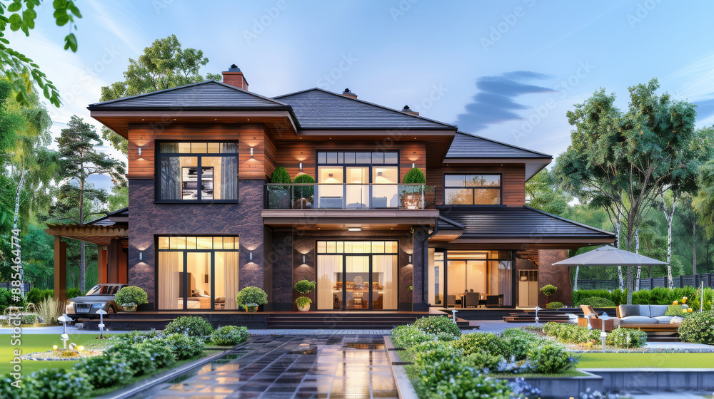 A luxurious, two-story home with large windows and lush landscaping illuminated by soft evening light, exuding elegance and grandeur. A luxurious, two-story home with large windows and lush landscaping illuminated by soft evening light, exuding elegance and grandeur.