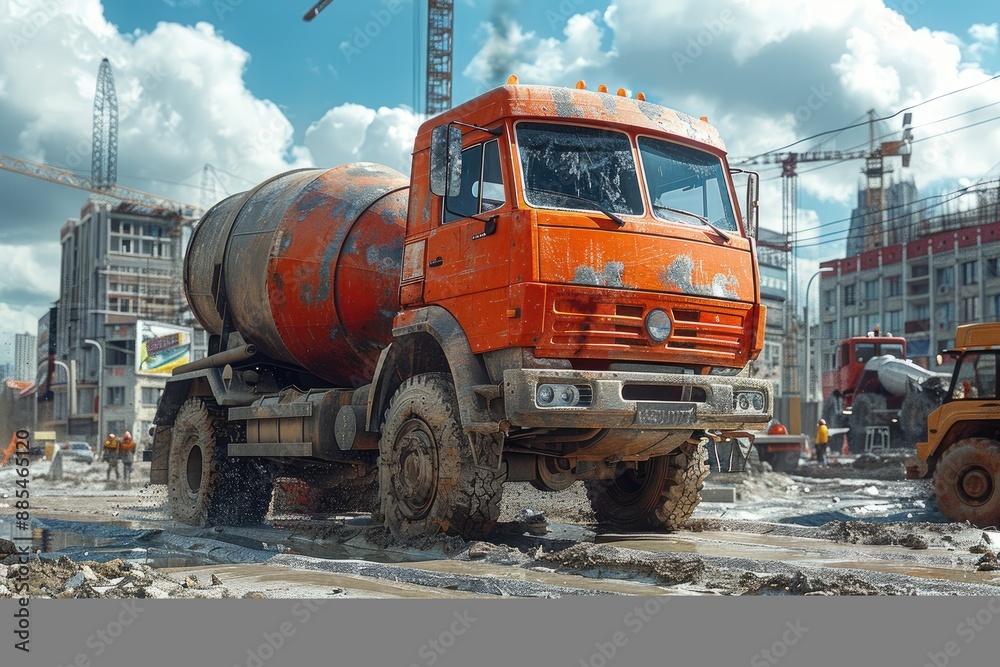 Concrete mixer truck pouring foundation at a busy construction site.