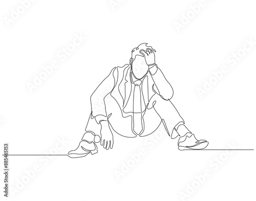 Continuous one line drawing of depressed man. Single line drawing illustration of depressed man sitting. Depression, stressed, and despair concept line art. Editable outline.