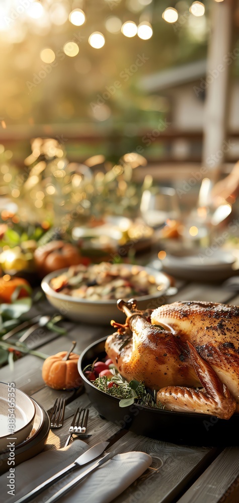 Naklejka premium Festive outdoor Thanksgiving dinner table with roasted turkey, side dishes, and seasonal decorations in sunlight.
