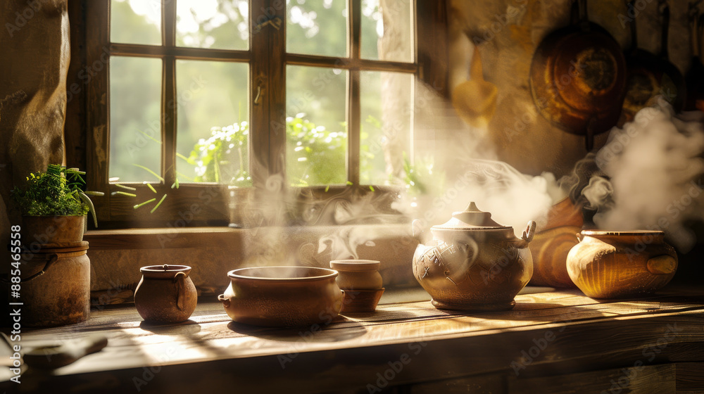 Sunlight streams through a window, illuminating steam rising from a teapot and various rustic kitchenware, creating a warm and inviting kitchen scene. Sunlight streams through a window, illuminating steam rising from a teapot and various rustic kitchenware, creating a warm and inviting kitchen scene.