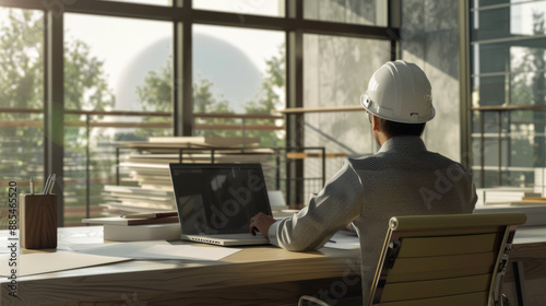 A professional engineer, wearing a helmet, sits in a modern office with large windows, intently working on a laptop amidst stacks of paperwork.